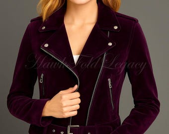 Women's Gothic Moto Biker Purple Velvet Jacket Coat, Punk Rock Goth Dark Fashion