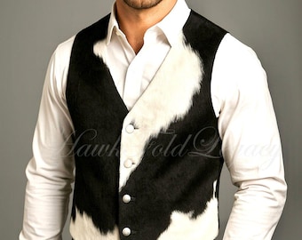Men's Cowhide Leather Western Vest, Black & White Hair-on-hide