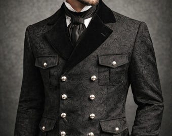 Men's Victorian Gothic Military Black Brocade Velvet Collar Jacket Coat, Vintage Steampunk Formal Blazer