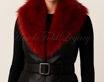 Vintage Black Leather Vest: Red Faux Fur Collar, Moto Biker Style