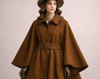 Women’s Brown Wool Cloak Cape Coat Jacket, Vintage Victorian Steampunk Gothic Winter Poncho Renaissance