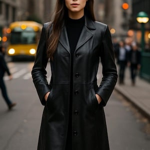 Genuine Sheepskin Leather Trench Coat: Women&#39;s Mid-Calf Black Overcoat
