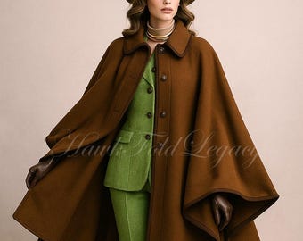 Women’s Brown Wool Cape Coat, Vintage Victorian Steampunk Gothic Winter Poncho Renaissance Cloak Overcoat