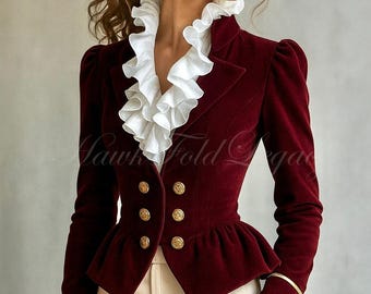 Women’s Victorian Steampunk Velvet Military Jacket, Gothic Vintage Ruffle Collar Coat, Burgundy Tailored Blazer
