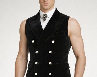 Victorian Gothic Military Black Velvet Vest for Men, Vintage Steampunk Formal Wedding Tailcoat Waistcoat