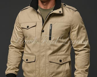 Men’s Khaki Military Bomber Jacket | Vintage Tactical Cotton Field Army Zip Up Flight Coat