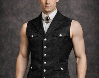 Victorian Gothic Military Black Jacquard Vest for Men, Vintage Steampunk Formal Wedding Tailcoat Waistcoat
