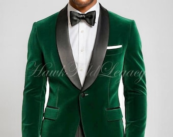 Blazer de esmoquin de terciopelo verde para hombre, chaqueta de traje de novio con solapa chal, ropa de abrigo para boda y graduación.