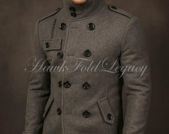 Men’s Grey Military Wool Peacoat | Double Breasted Winter Coat | High Collar Tailored Trench Coat