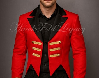 Men's Red Wool Ringmaster Circus Showman Tailcoat Jacket, Regency Tail Coat, Halloween & Cosplay Costume