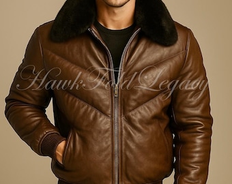 Chaqueta bomber de cuero marrón para hombre con cuello de piel, abrigo de aviador de invierno