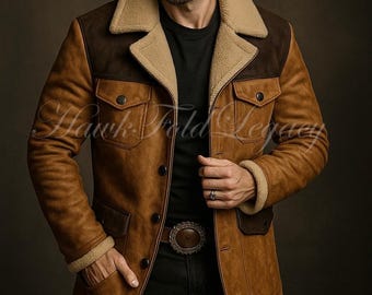 Men’s Brown Shearling Suede Leather Coat Long Jacket, Vintage Cowboy Western Warm Winter Outerwear