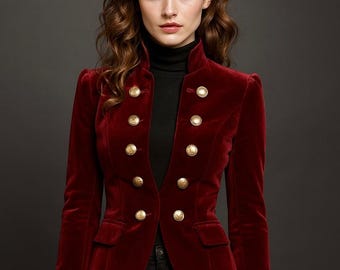 Women's Victorian Steampunk Velvet Coat Jacket , Vintage Gothic Burgundy Red Military Cosplay