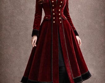 Women's Victorian Velvet Military Frock Coat, Vintage Steampunk Gothic Edwardian Tailcoat Winter Jacket Outerwear