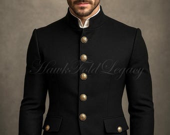 Men’s Black Military Blazer Jacket, Victorian Steampunk Officer Coat, Gothic Wedding Outfit