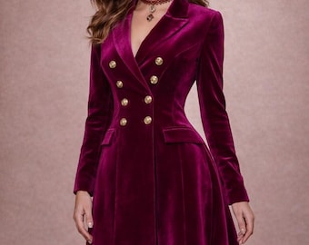Women's Victorian Military Velvet Regency Tailcoat Dress, Vintage Gothic Steampunk Long Frock Coat Jacket