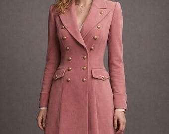 Women's Victorian Pink Long Coat Women, Vintage Military Steampunk Regency Winter Fashion Overcoat