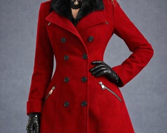 Women's Victorian Red Wool Coat, Vintage Gothic Steampunk Winter Overcoat Jacket, Valentines Day