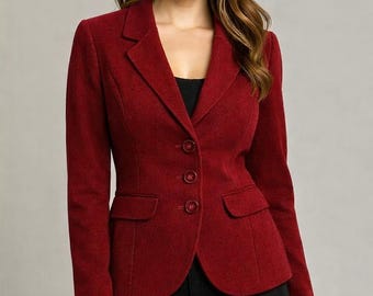 Women’s Burgundy Wool Blazer Jacket | Vintage Gothic Style Tailored Formal Party Coat Outerwear