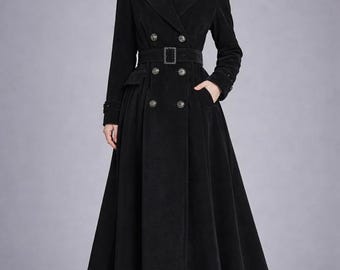 Women's Victorian Black Wool Long Frock Coat, Vintage Gothic Steampunk Elegant Winter Trench Overcoat, Maxi Coat with Belt Outerwear
