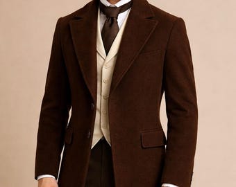 Men’s Victorian Brown Wool Long Trench Overcoat, Vintage Steampunk Gothic Coat Tailored Jacket Outerwear