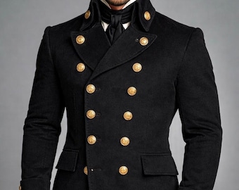 Męska czarna wojskowa kurtka typu frak w stylu wiktoriańskim w stylu gotyckim steampunk, vintage'owy, ręcznie robiony płaszcz typu trencz