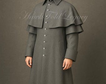 Men’s Victorian Inverness Wool Cape Coat, Gothic Steampunk Sherlock Holmes Cloak Long Trench Overcoat