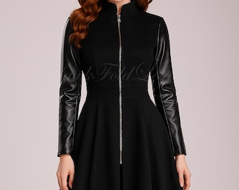 Women’s Gothic Black Flared Coat with Leather Sleeves, Steampunk Winter Jacket, Dark Academia Outerwear