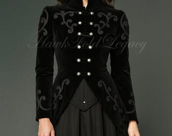 Women's Black Velvet Gothic Victorian Tailcoat, Steampunk Military Embroidered Cosplay Tail Jacket
