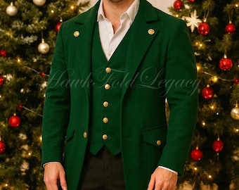 Men’s Victorian Green Regency Tailcoat, Vintage Steampunk Gothic Gentleman’s Long Coat, Tailored Jacket Christmas