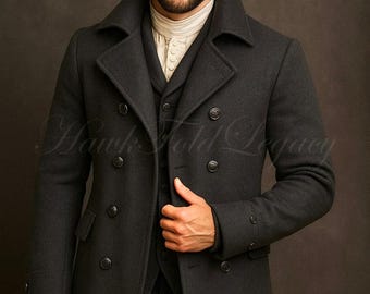 Men's Victorian Steampunk Black Wool Peacoat, Vintage Gothic Style