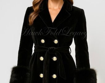 Women's Black Velvet Coat Faux Fur Cuffs |Victorian Steampunk Double Breasted Winter Jacket Outerwear
