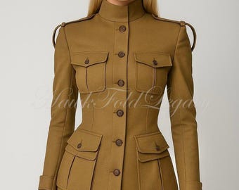 Women’s Military Army Wool Coat | Vintage Tailored Khaki Jacket Double-Breasted Blazer Fall Fashion