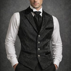 Pode incluir: Um colete preto com estampa paisley com gravata preta a condizer e calças pretas. O colete tem botões prateados e acabamento em veludo preto. Uma camisa branca é usada por baixo. A roupa é formal e elegante.