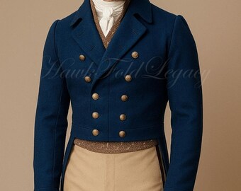 Lange Victoriaans-blauwe wollen regenjas herenjas, vintage gothic steampunk heren geklede jas