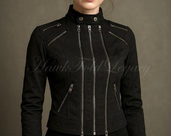 Women’s Gothic Steampunk Black Jacket, Handmade Vintage Slim Fit Moto Coat, Halloween Cosplay Costume