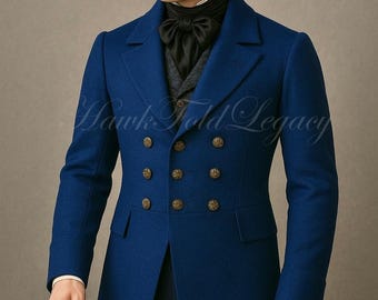 Men’s Victorian Blue Wool Regency Tailcoat, Vintage Steampunk Gentleman Frock Coat, 19th Century Cosplay