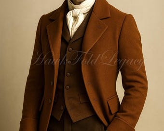 Men’s Victorian Brown Wool Regency Tailcoat, Vintage Gothic Steampunk Style, Historical Fashion Wedding Overcoat
