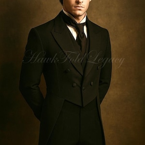 May include: A formal black suit with a double-breasted jacket, vest, and matching trousers. The suit includes a white dress shirt, black tie, and a black lapel. The image has the text "Hawk Fold Legacy".
