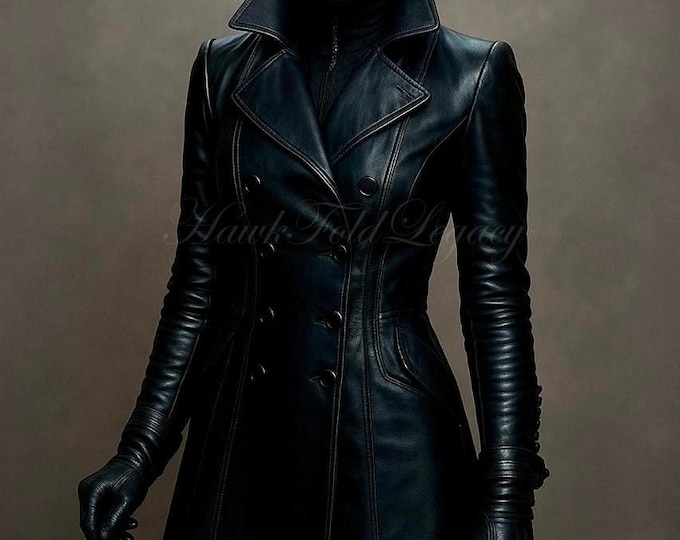 Featured listing image: Gothic Steampunk Black Leather Trench Coat For Women, Vintage Vampire Cosplay Costume