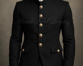 Men's Black Military Blazer Jacket, Victorian Steampunk Officer