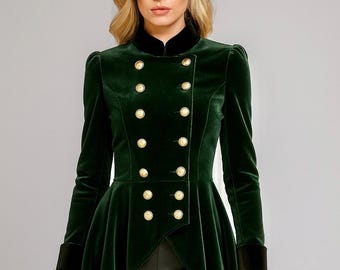 Women's Victorian Steampunk Velvet Tailcoat Long Jacket , Vintage Gothic Military Cosplay Frock Coat Outerwear
