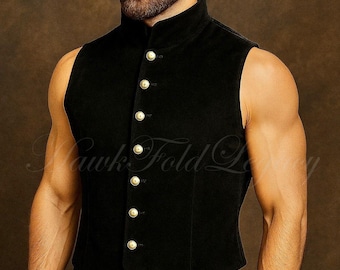 Men's Victorian Steampunk Black Velvet Waistcoat Vest, Sleeveless