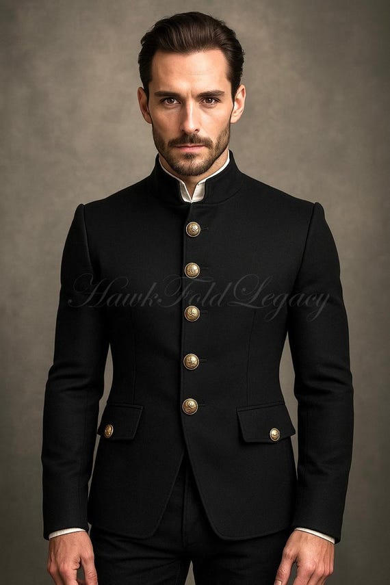 Men’s Black Military Blazer Jacket, Victorian Steampunk Officer Coat, Gothic Wedding Outfit