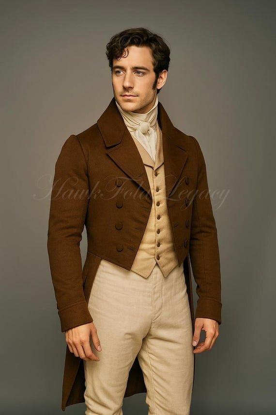 Men’s Victorian Brown Wool Regency Tailcoat Jacket, Vintage Gothic Steampunk Style Frock Coat