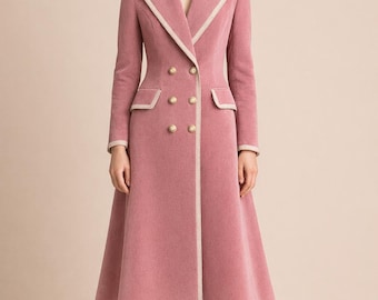 Women's Victorian Wool Long Coat, Vintage Steampunk Double Breasted Renaissance Regency Fashion Overcoat