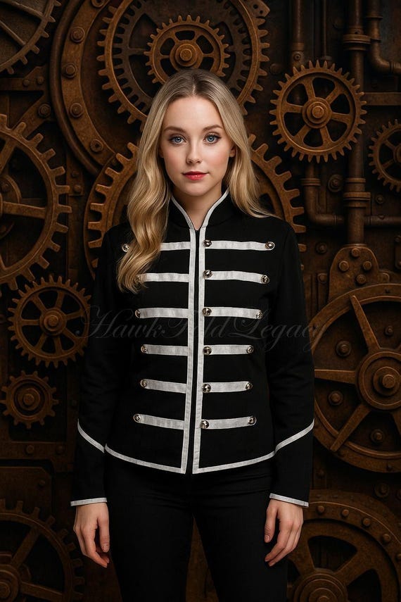 Women’s Black Silver Parade Military Jacket, Gothic Steampunk Fitted Moto Style Biker Punk Rock