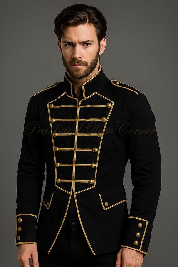 Men's Black Military Gothic Steampunk Parade Jacket, Marching Band Victorian Uniform Tailcoat