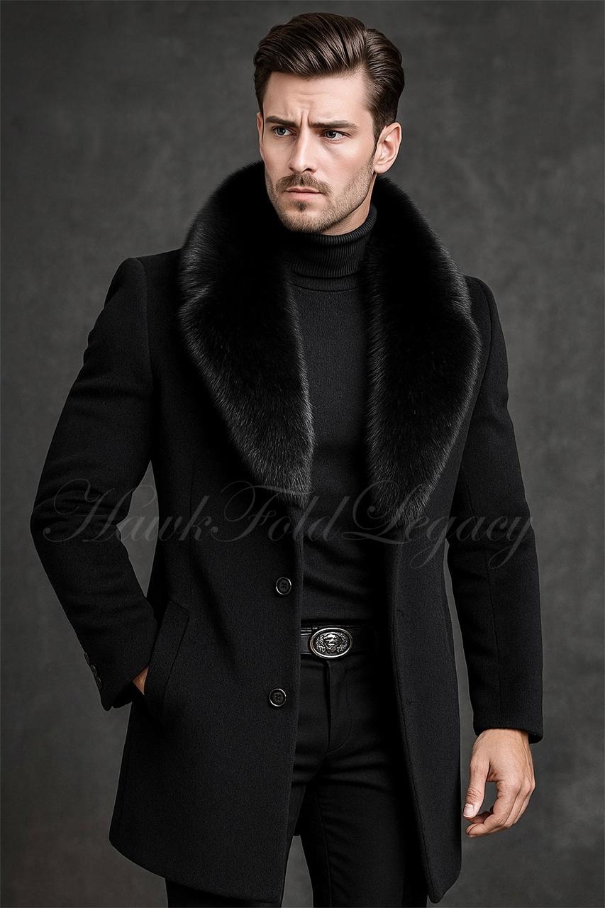 Men's Black Wool Coat With Faux Fur Collar, Winter Long Overcoat Men's Black Wool Coat With Faux Fur Collar, Winter Long Overcoat