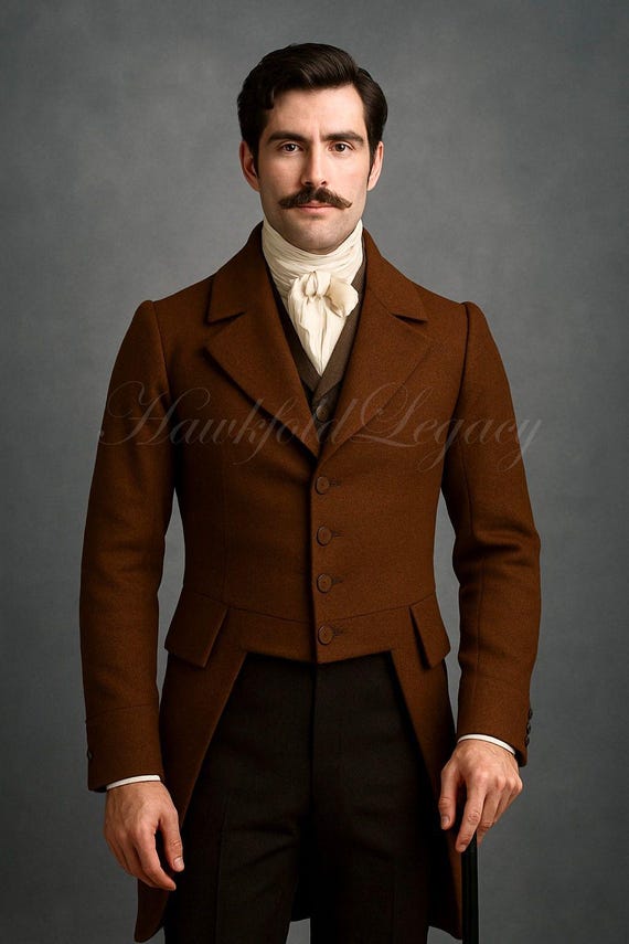 Men’s Victorian Brown Wool Regency Tailcoat, Vintage Gothic Steampunk Frock Coat, Historical Cosplay